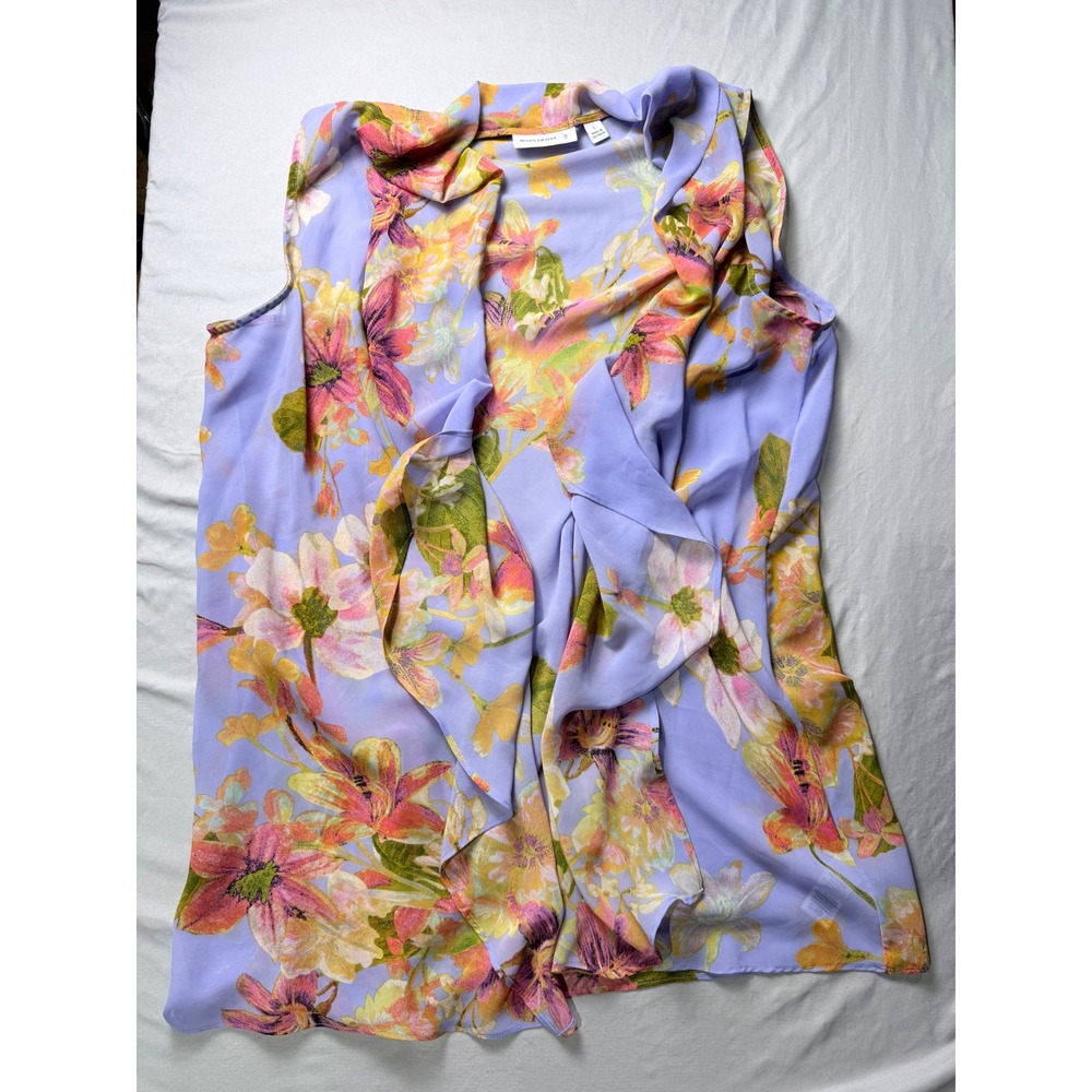 Susan Graver Lavender Floral Ruffle Open Front Vest Sleeveless Cardigan Large